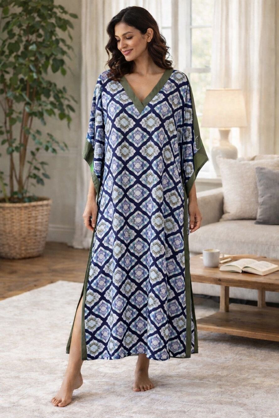 Winlar Blue Green Geometric Patterned Kaftan MuMu O/S